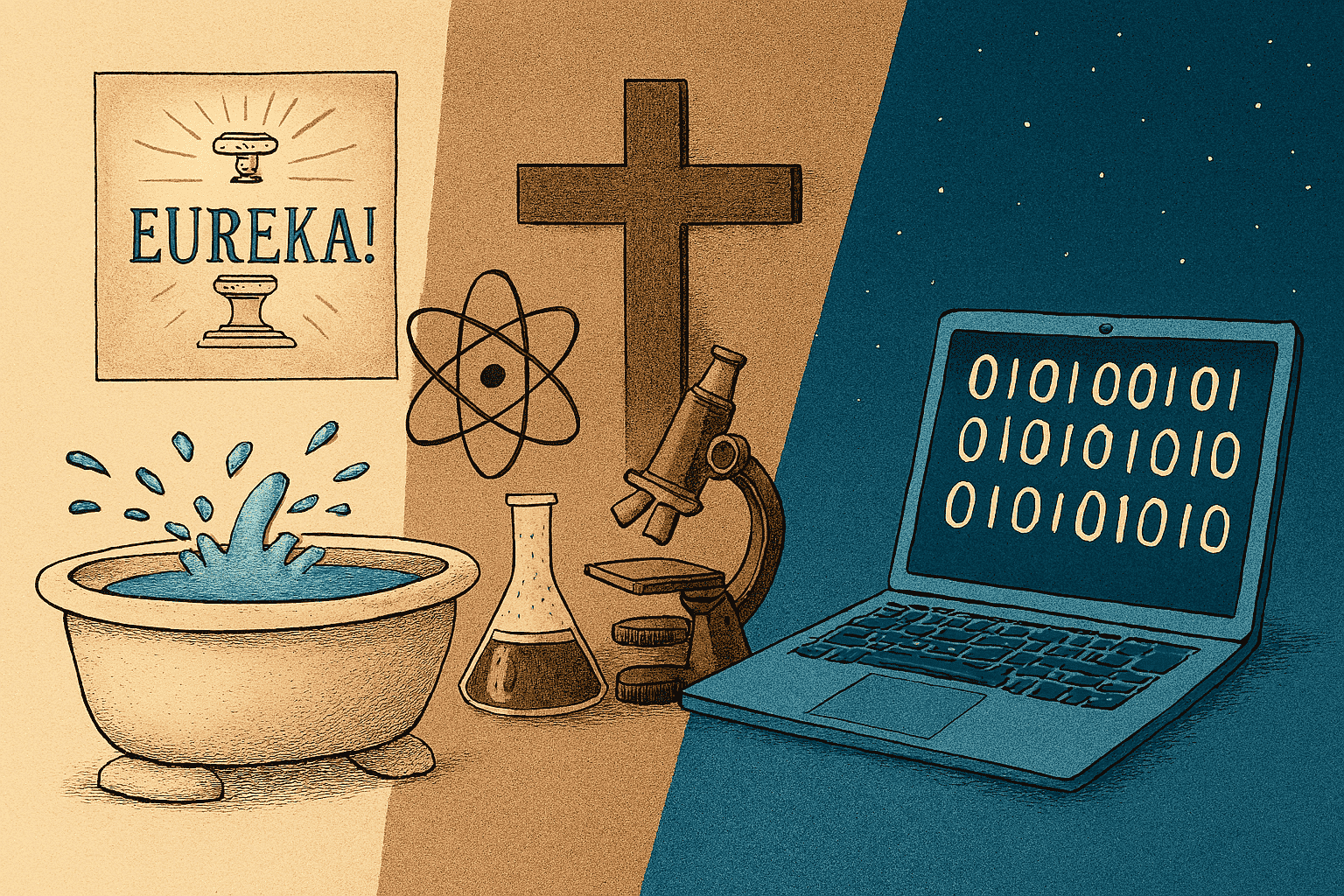 Ilustração de uma cruz, uma lâmpada e símbolos de código binário, simbolizando a união de valores e tecnologia.