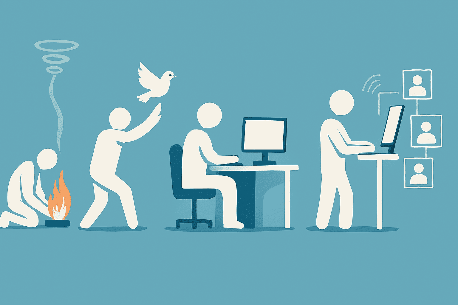 Ilustração da evolução humana em direção a uma figura programando um computador, representando o pensamento computacional.
